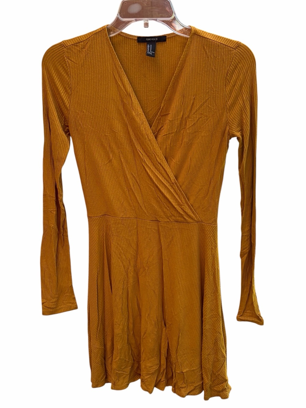 Forever 21 Mustard Ribbed Surplice Long Sleeve Skater Dress | Size Medium